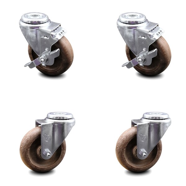4 Inch High Temp Glass Filled Nylon Swivel Bolt Hole Caster Set with 2 Brakes